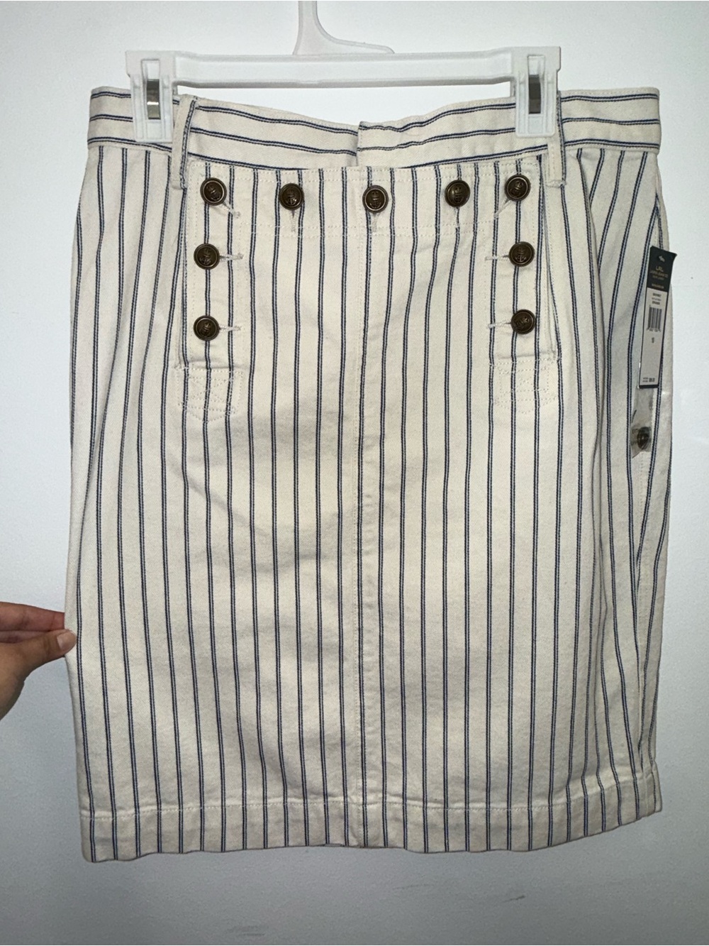 (NWT) Ralph Lauren Striped White and Navy Button-Front Cotton Skirt